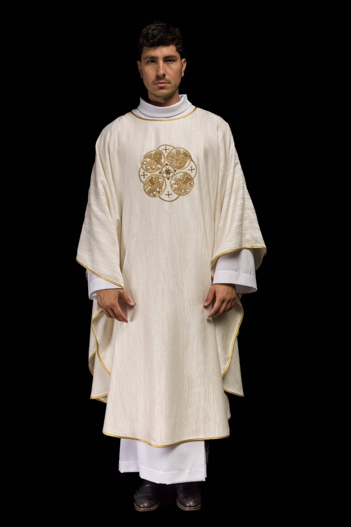 Ecru chasuble front view with gold Four Evangelists embroidery