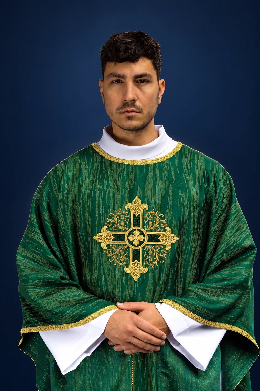 Green Chasuble in Decorative Fabric with Embroidered Cross Motif, front worn view