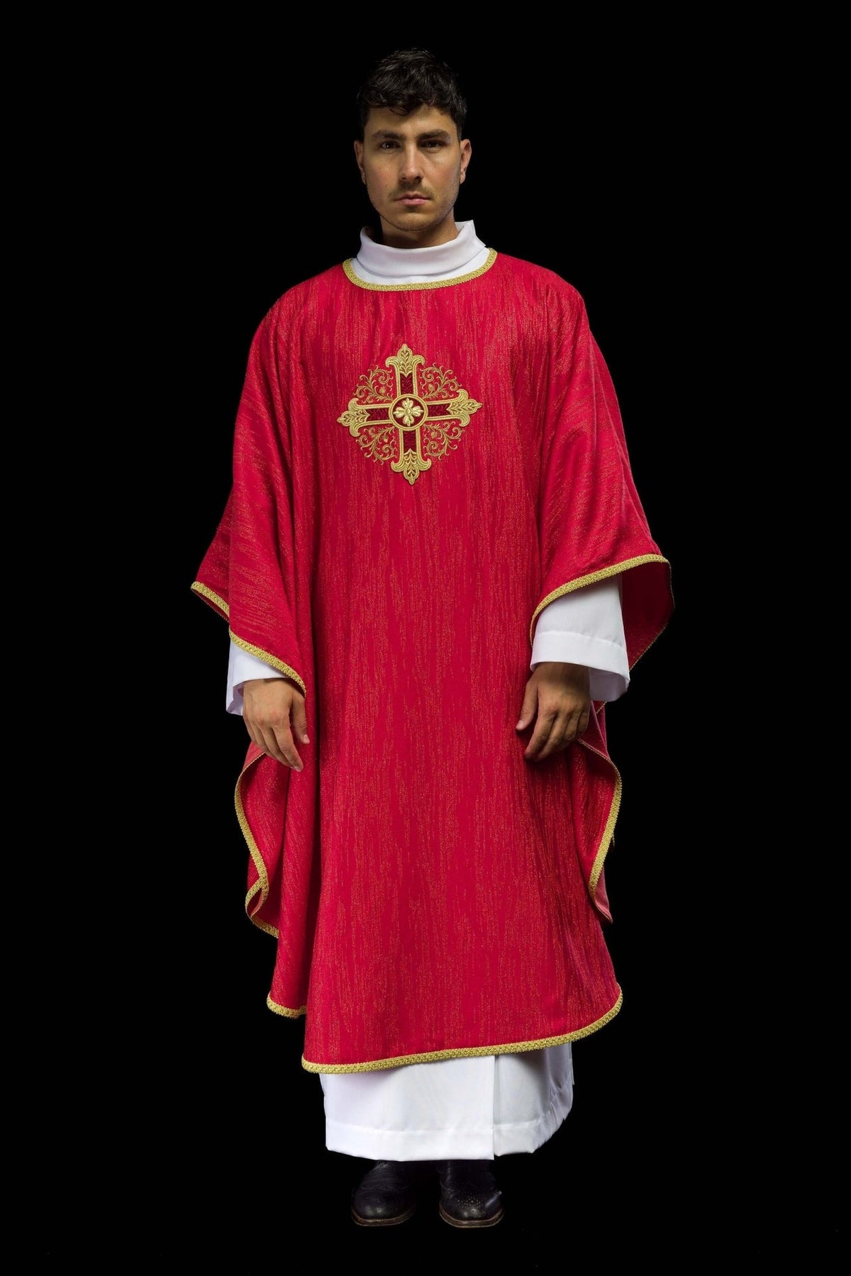 Red chasuble front view with gold cross embroidery