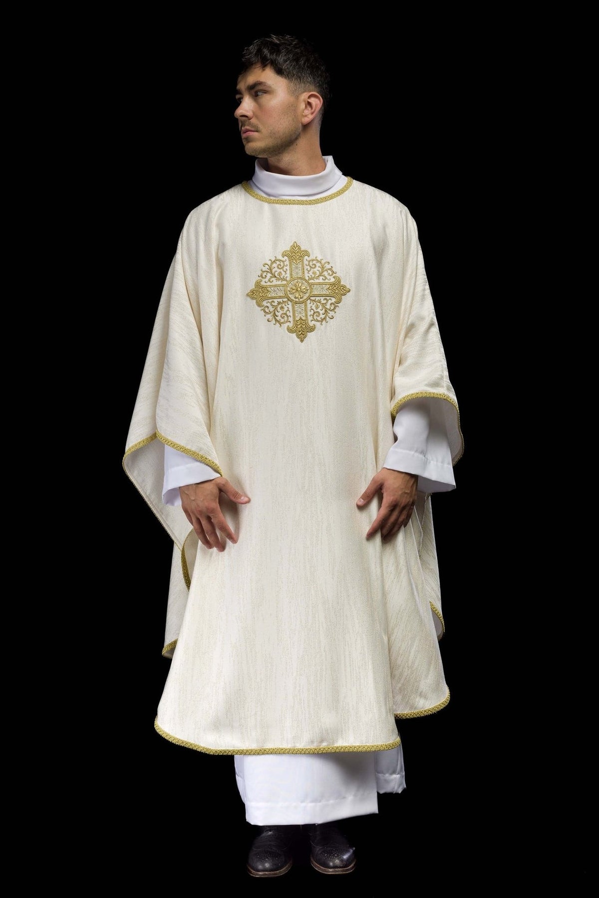 Ecru chasuble front view with gold embroidered cross and trim