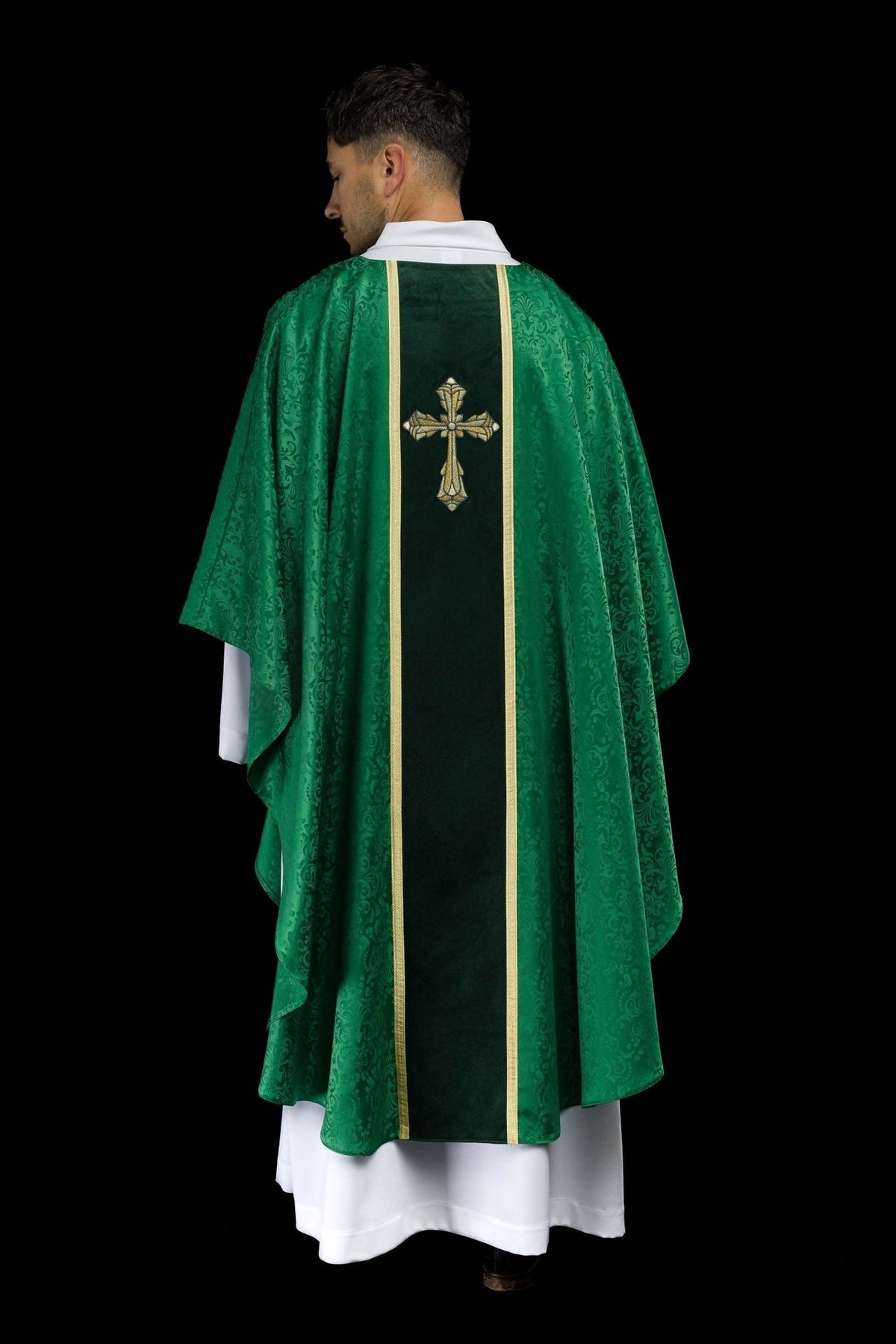 Green chasuble full back view with central orphrey and cross