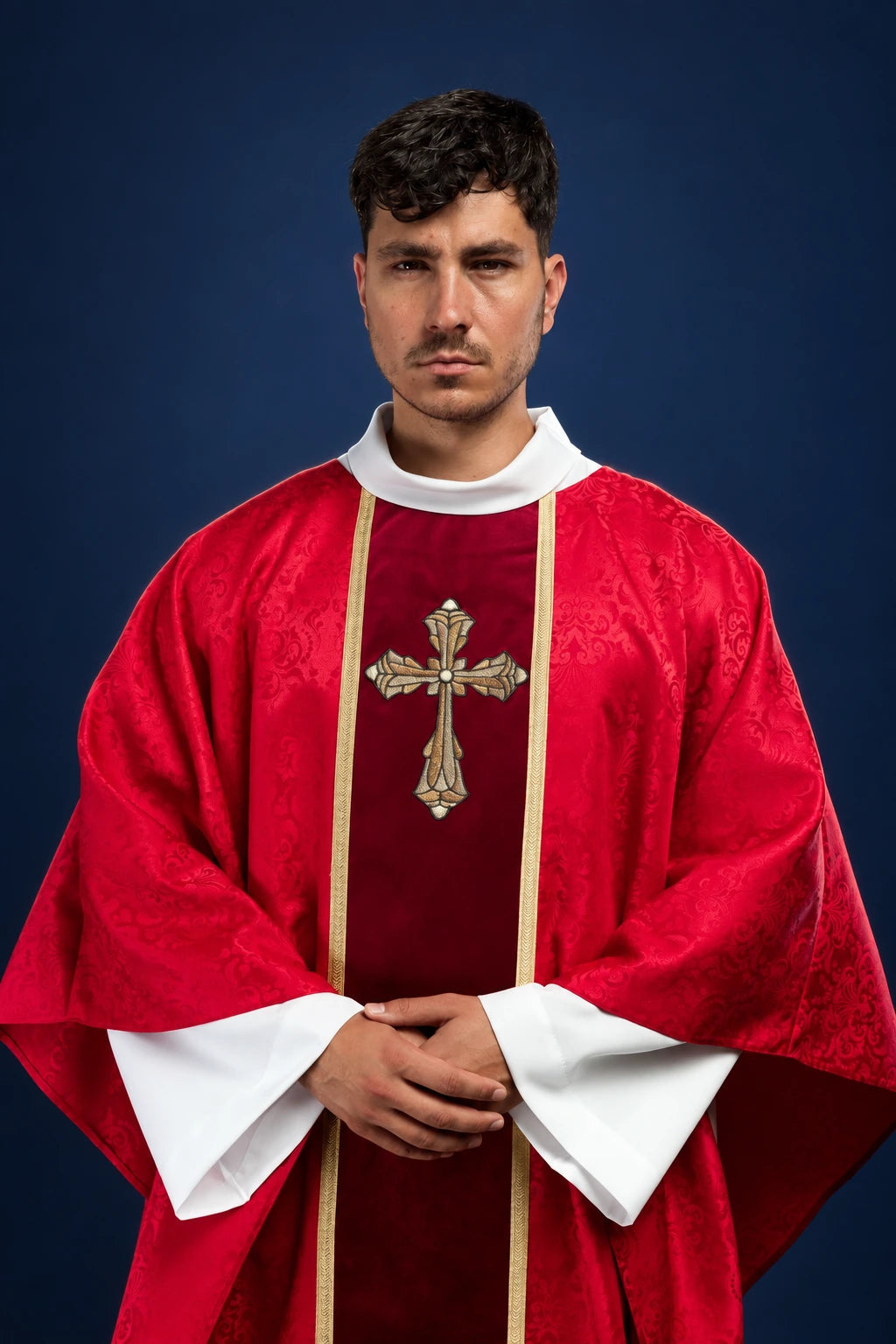 Red Liturgical Chasuble with Orphrey and Cross Embroidery, front view worn