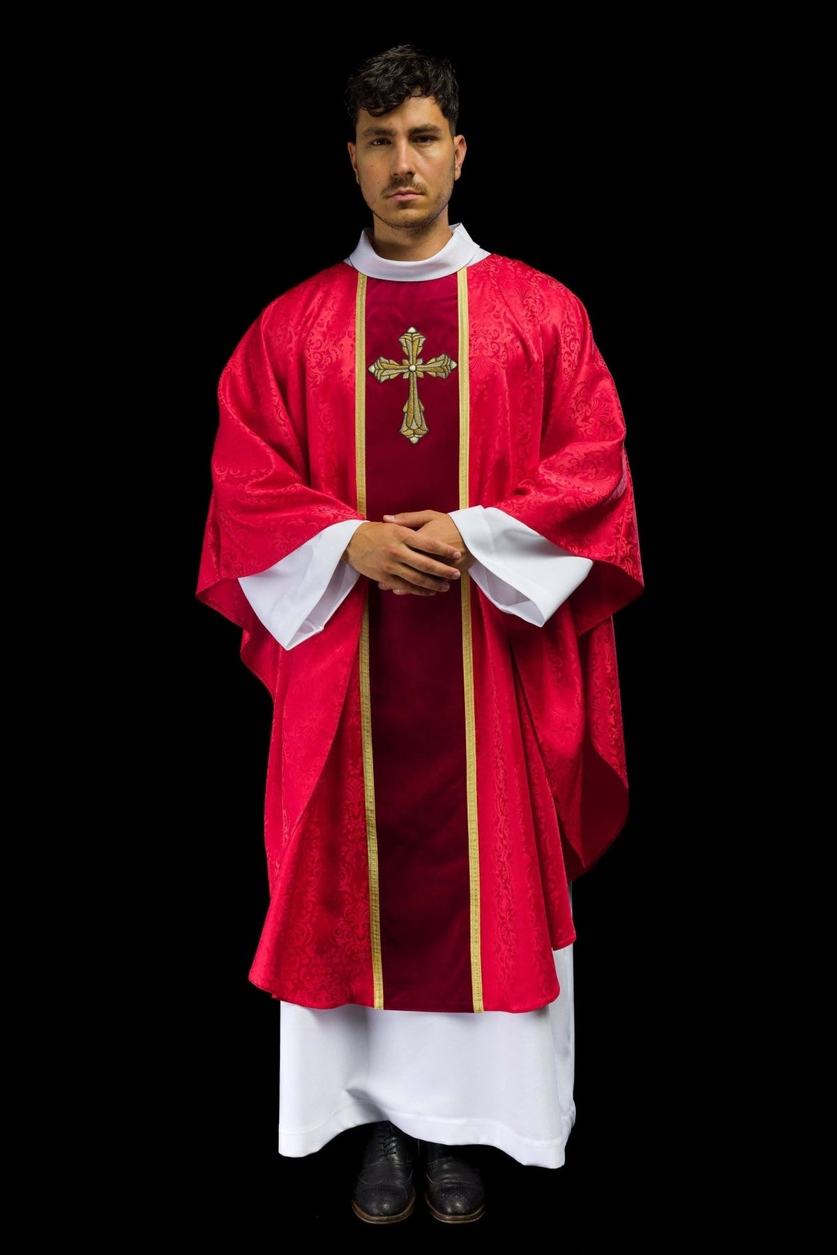 Red chasuble front view with gold orphrey and cross embroidery