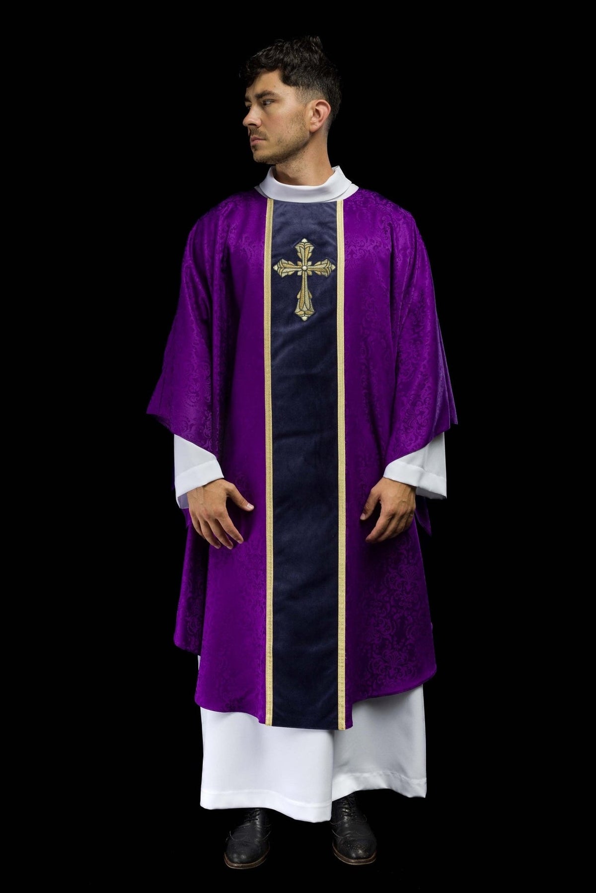 Purple liturgical chasuble, full front view with dark orphrey and gold trim