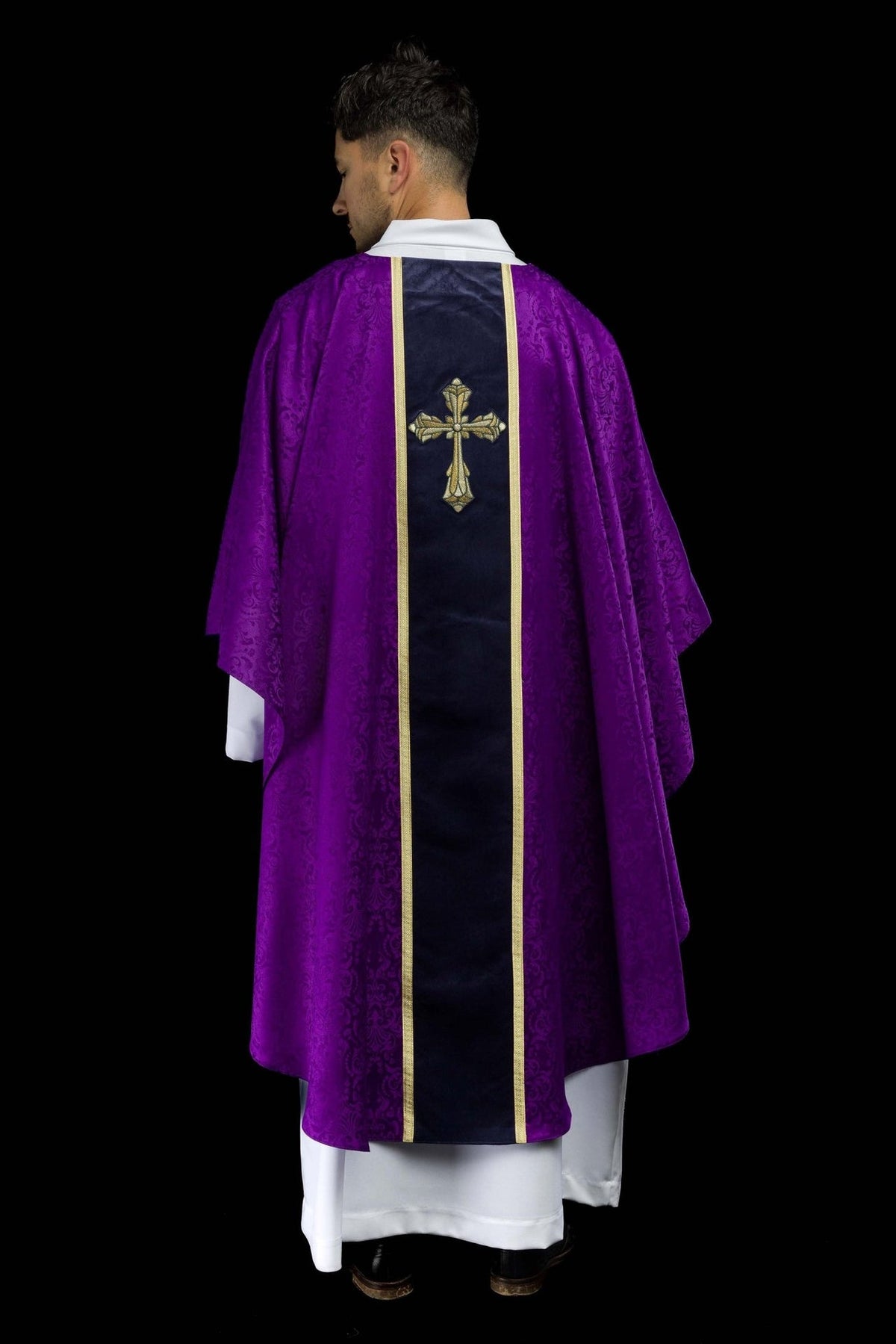 Purple chasuble, full back view with gold cross embroidery