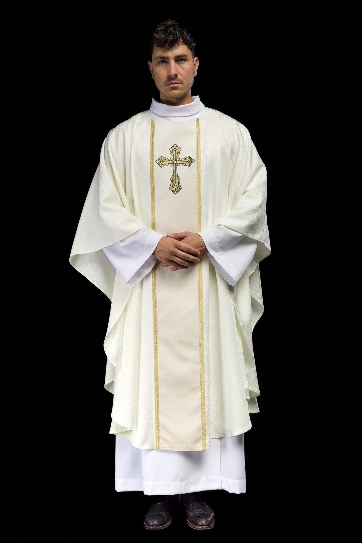 Ecru chasuble front view with gold cross embroidery and orphrey