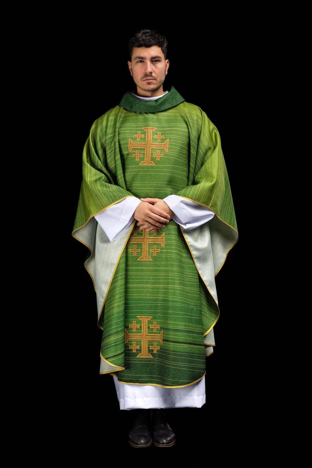 Green chasuble front view with gold Jerusalem crosses and contrasting inner panels