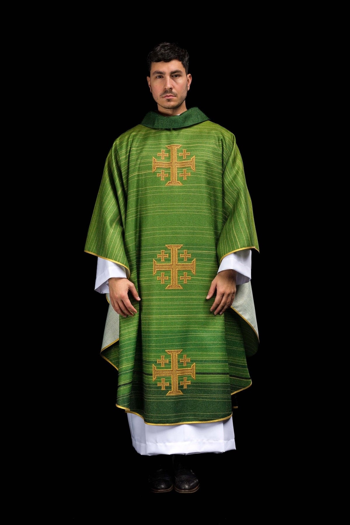 Green chasuble front view with three gold Jerusalem crosses