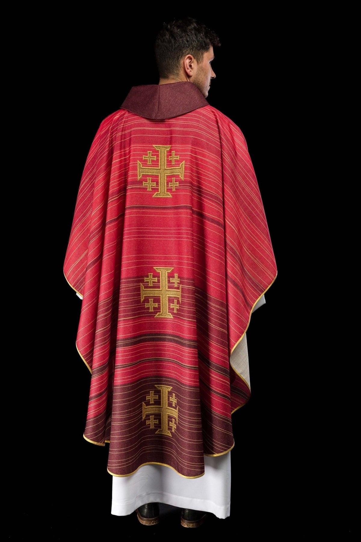 Red chasuble back close-up with gold Jerusalem Cross embroidery