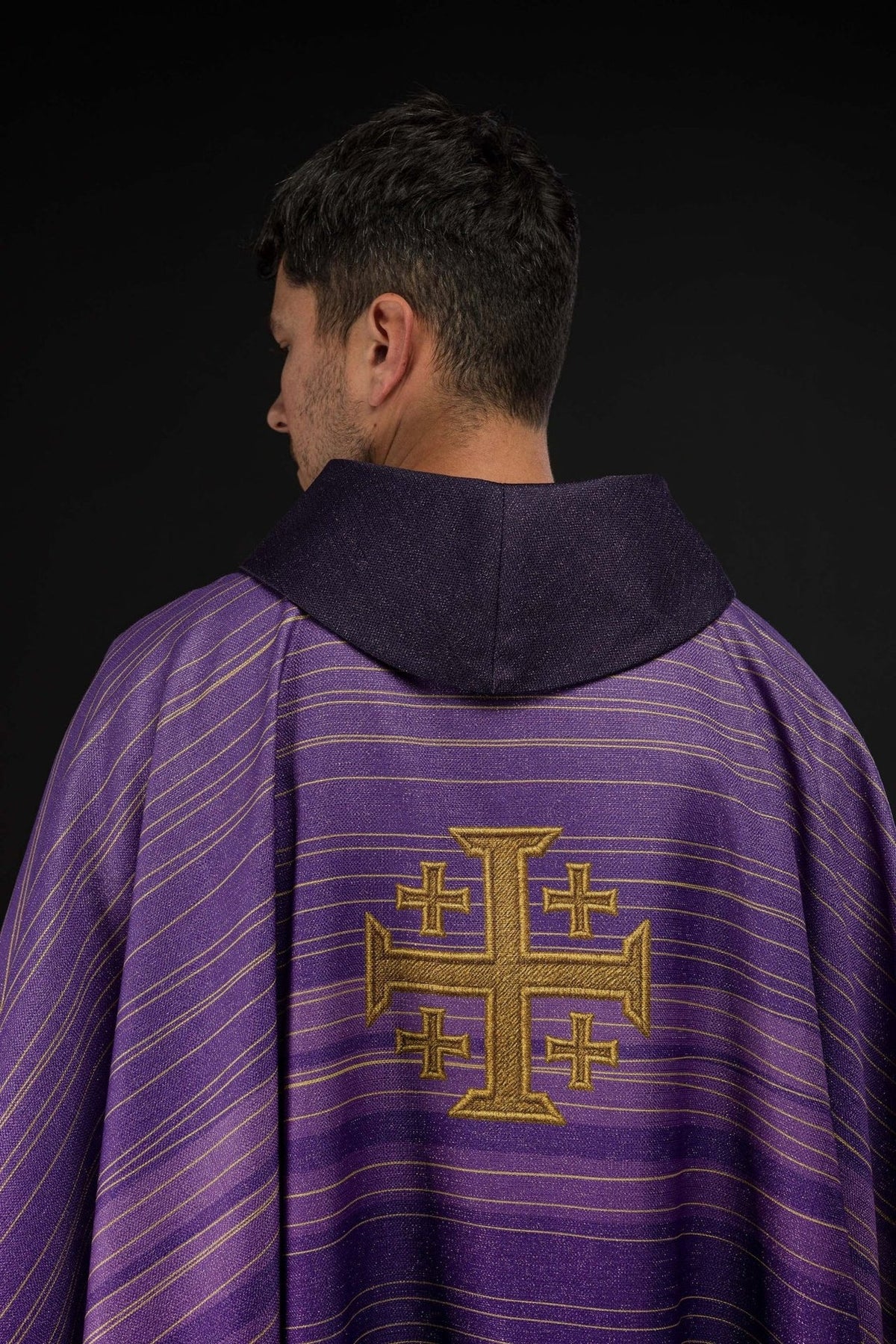 Purple chasuble with Jerusalem cross, collar and shoulder detail