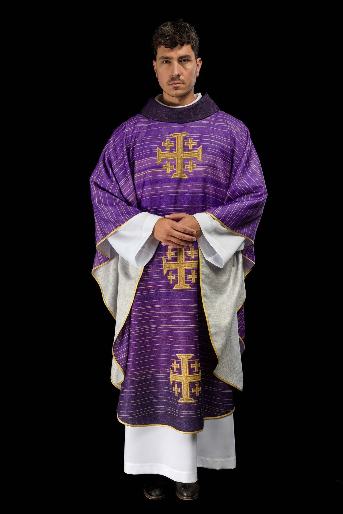 Purple chasuble with Jerusalem cross, side back view