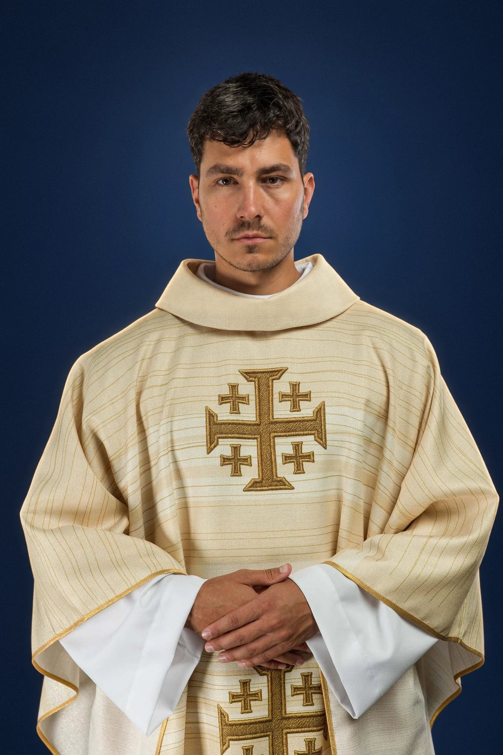Printed Chasuble with Jerusalem Cross in Ecru, front view worn with gold Jerusalem cross