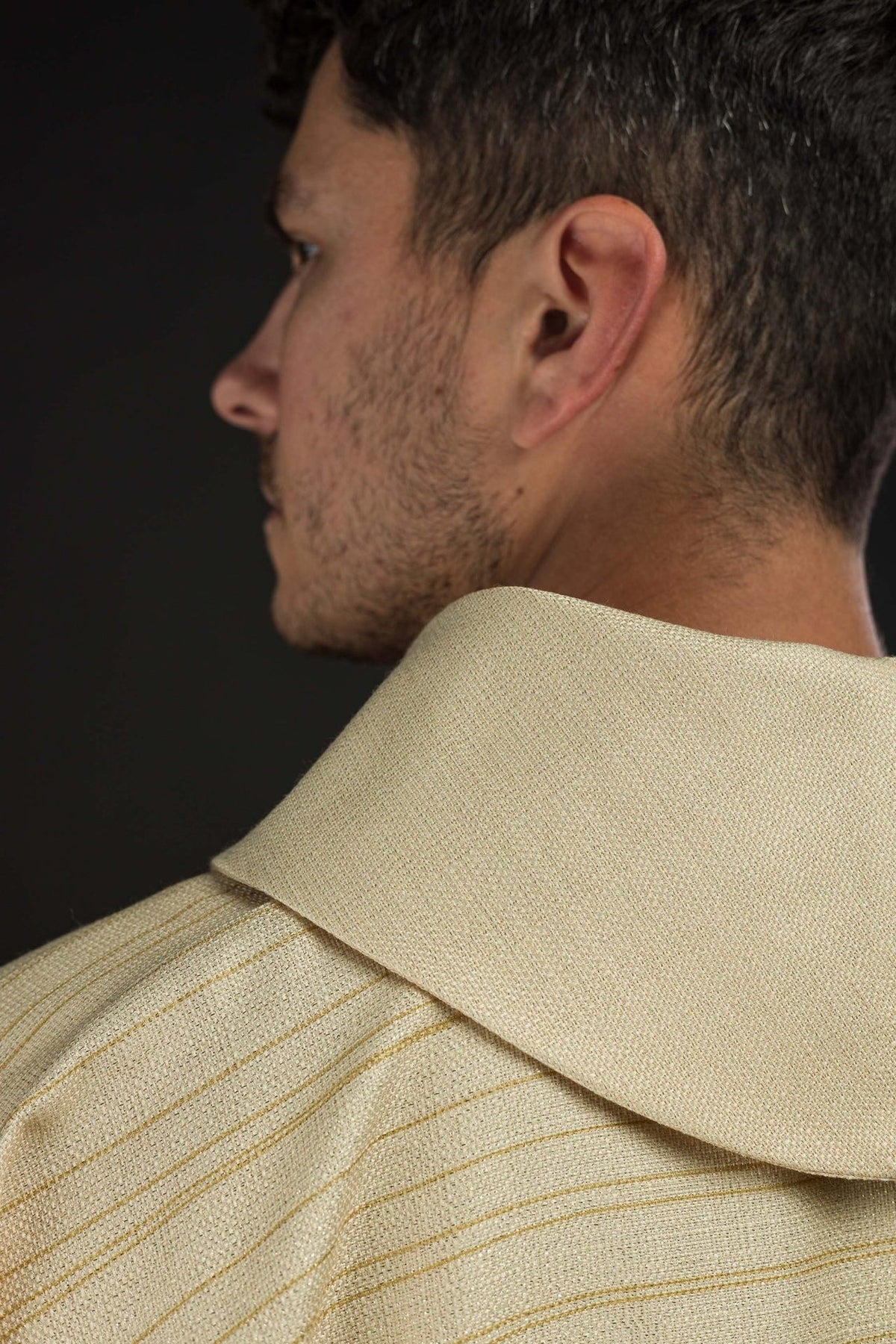 Ecru chasuble close-up showing the wide collar and striped fabric