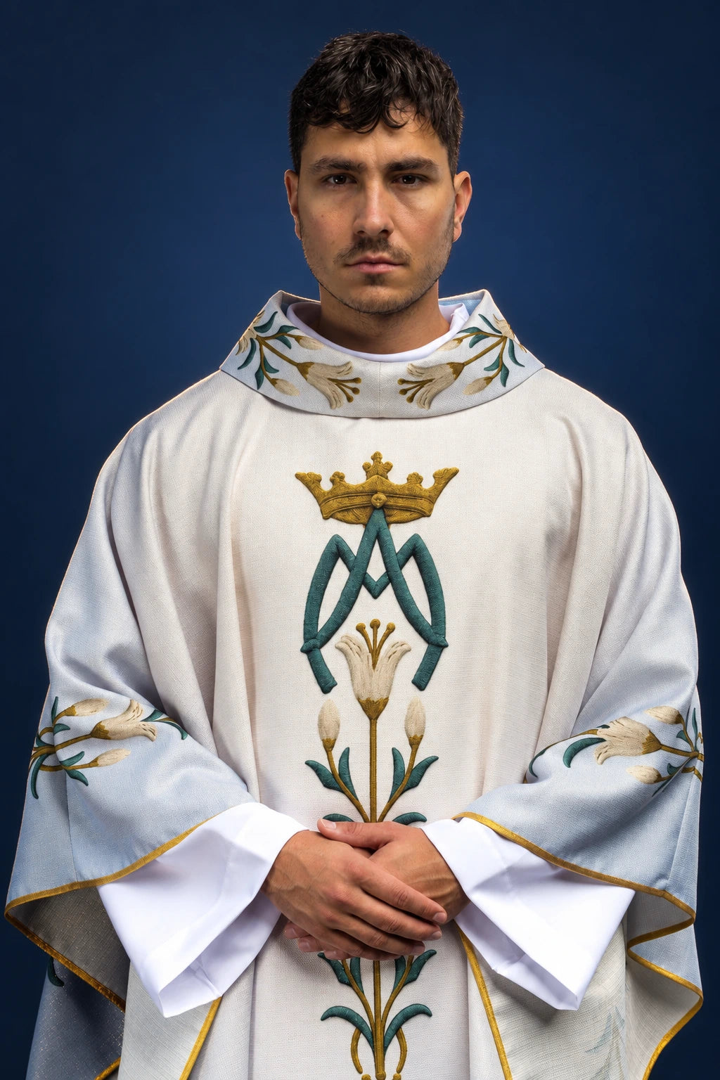Light Blue and Ecru Marian Chasuble with Lily Pattern and AM Monogram, front view with gold trim