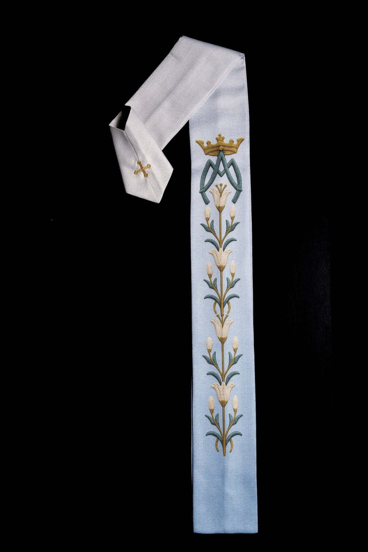 Light blue stole with crowned AM monogram and lily embroidery belonging to the Marian chasuble