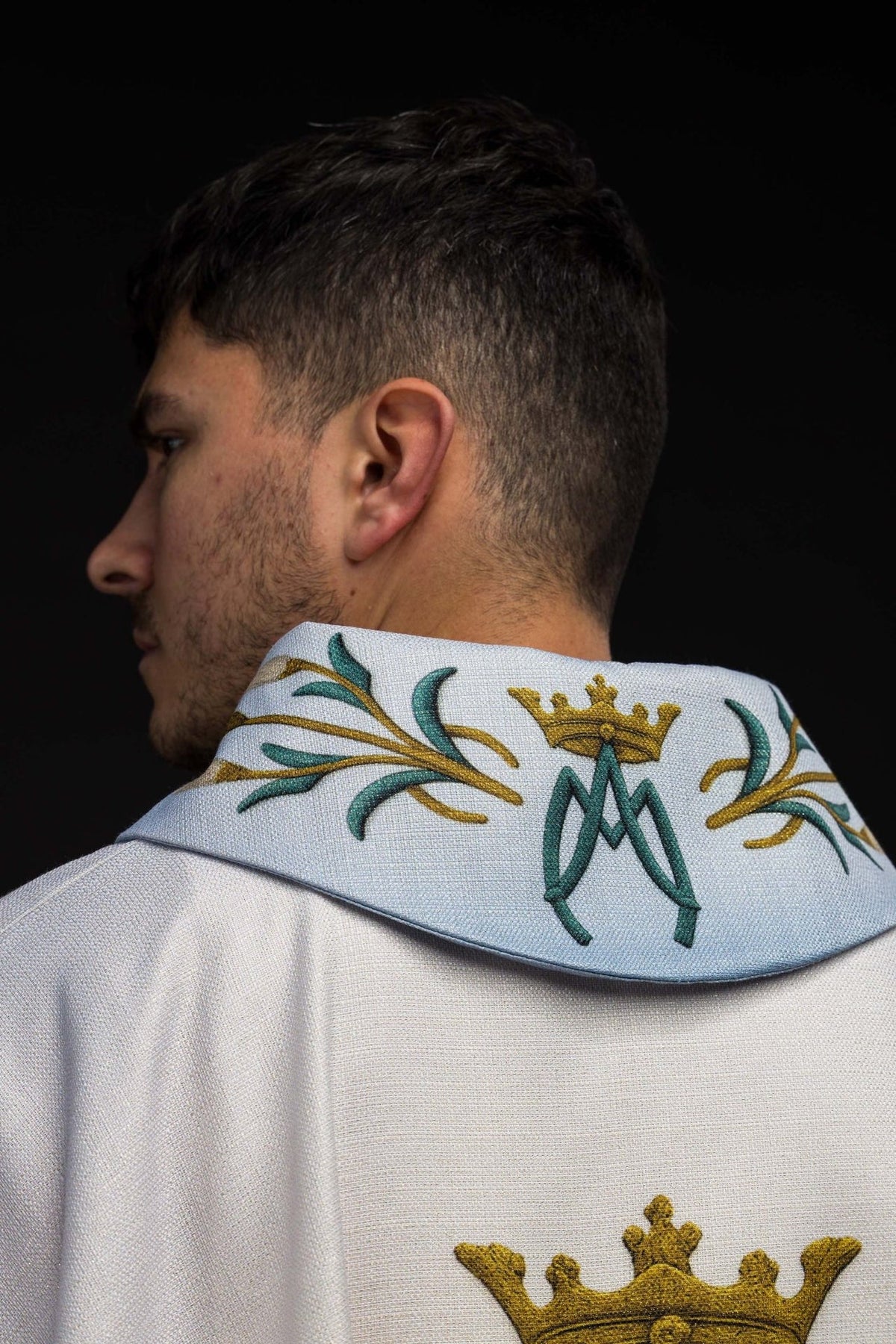 Marian chasuble collar detail with Marian motif and crowned AM monogram
