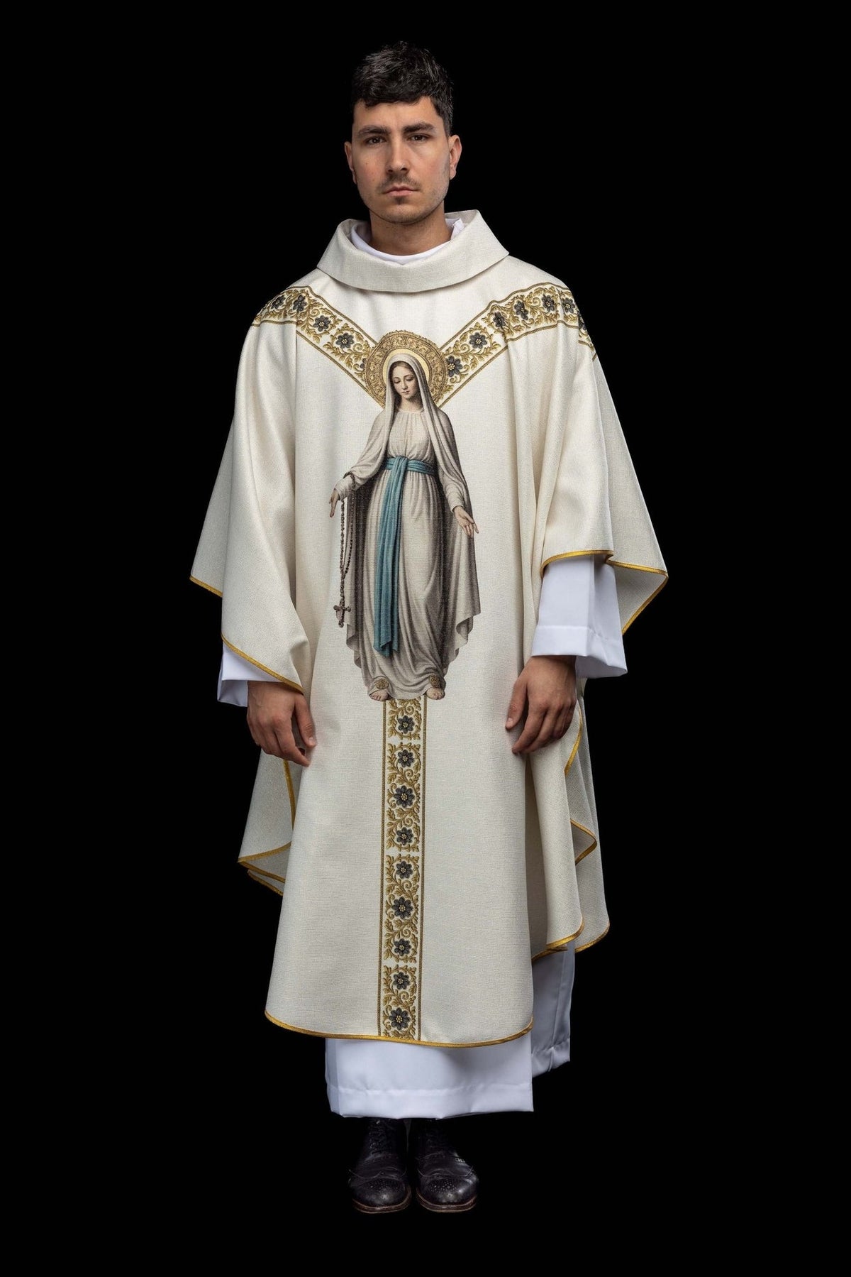 Marian chasuble, full front view in cream with Our Lady print and gold floral orphrey