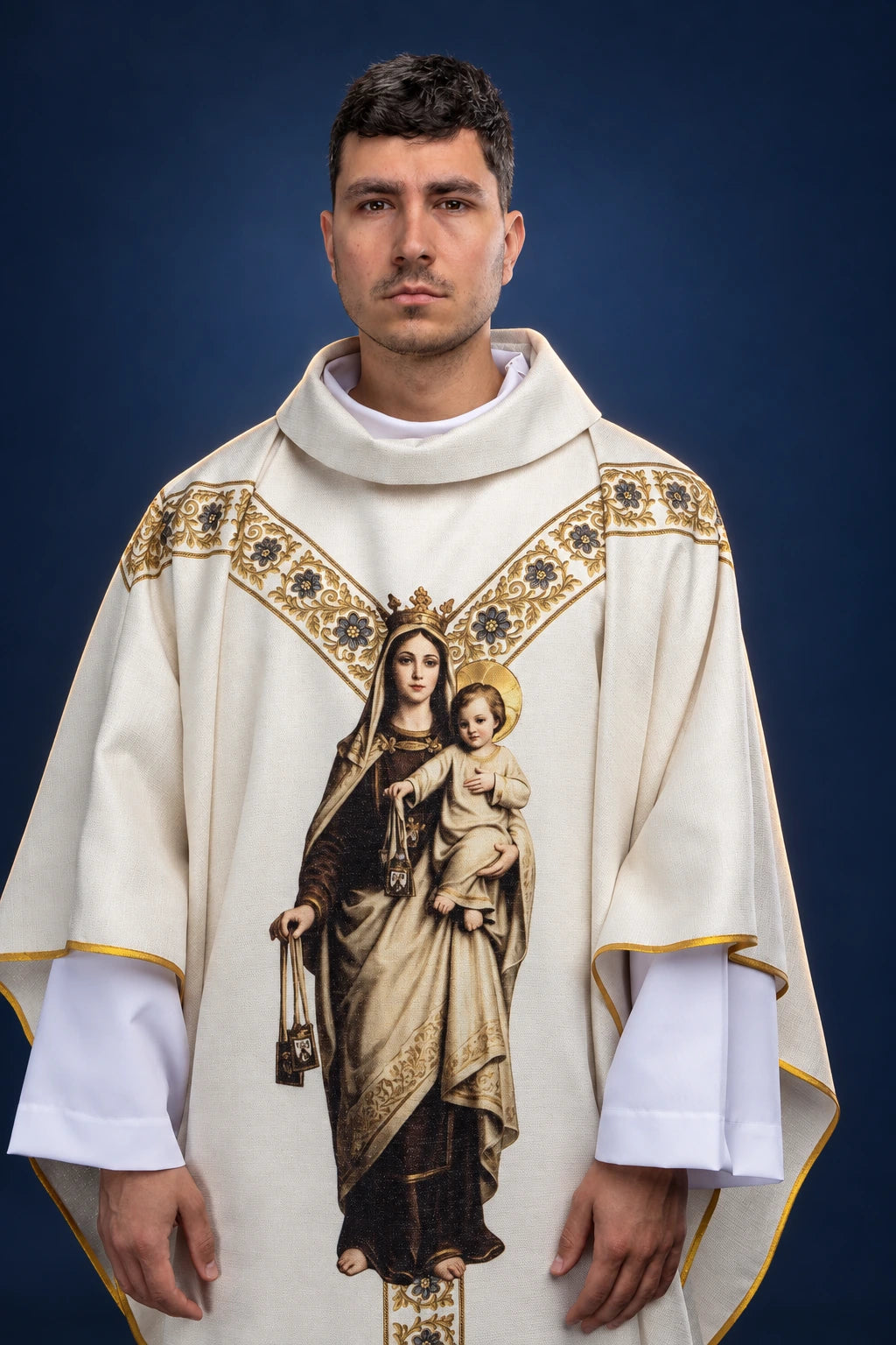 Printed Marian Chasuble with Our Lady of the Scapular Image, front view in ecru with gold trim