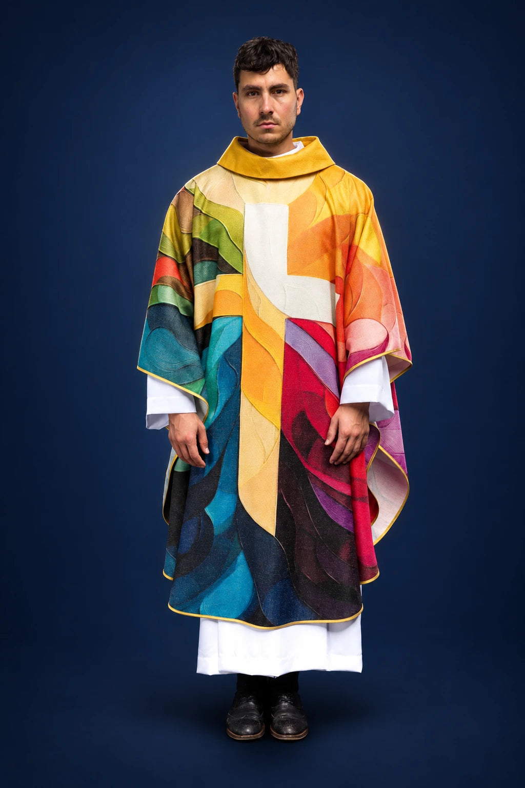 Multicolored Printed Chasuble with Cross Motif, front view with gold trim and multicolored cross
