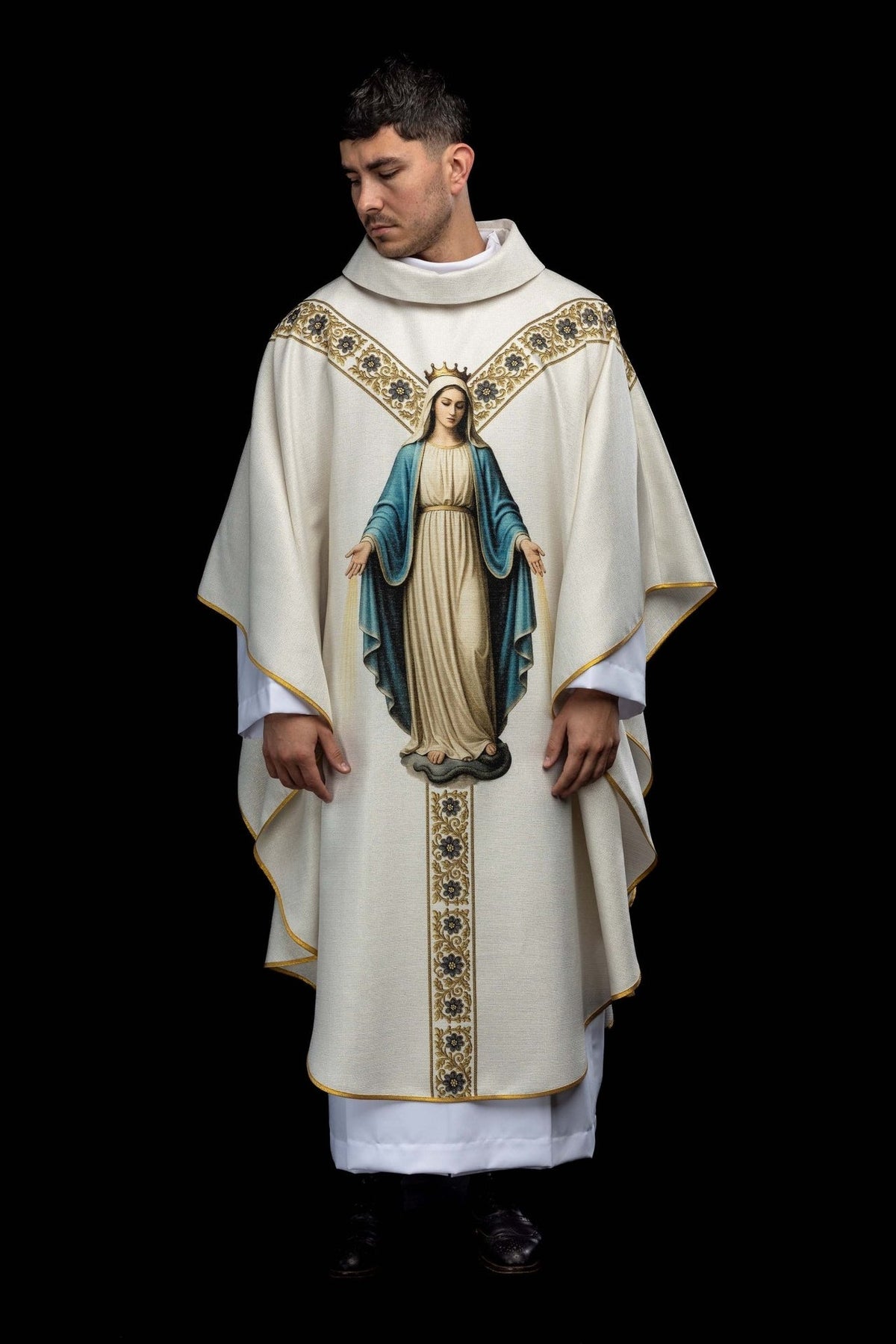 Marian chasuble full front view with Our Lady and floral orphrey