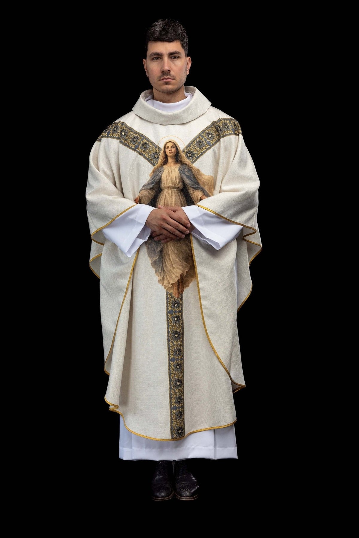 Marian chasuble full front view with Our Lady image, blue floral orphrey and gold trim