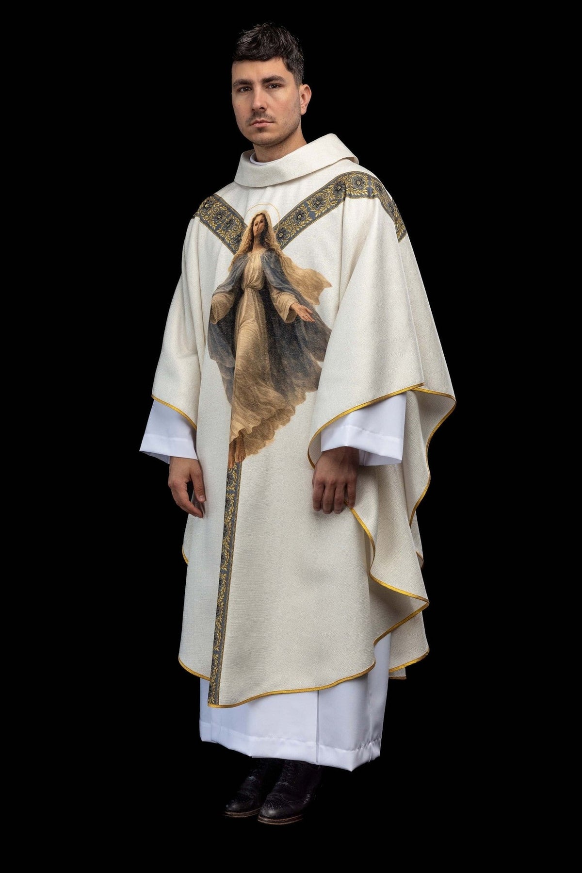 Marian chasuble, three-quarter front view with Our Lady image and gold-edged blue orphrey