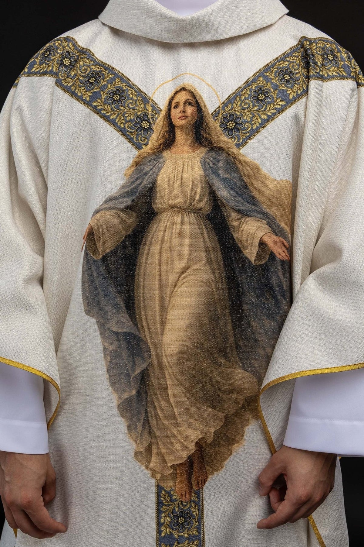 Marian chasuble front close-up showing Our Lady image and floral blue and gold orphrey