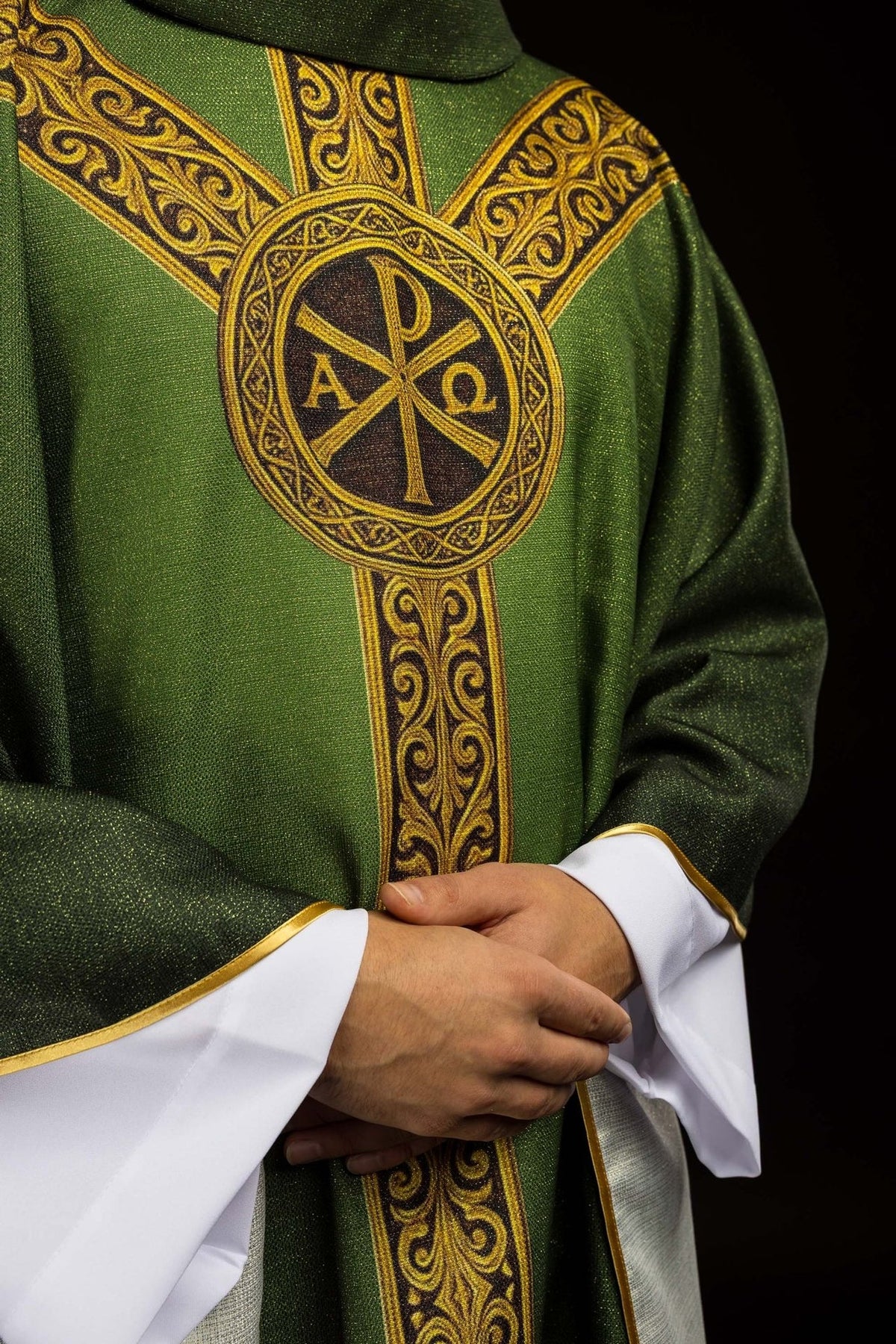 Green chasuble angled front view with gold Pax cross and scrollwork