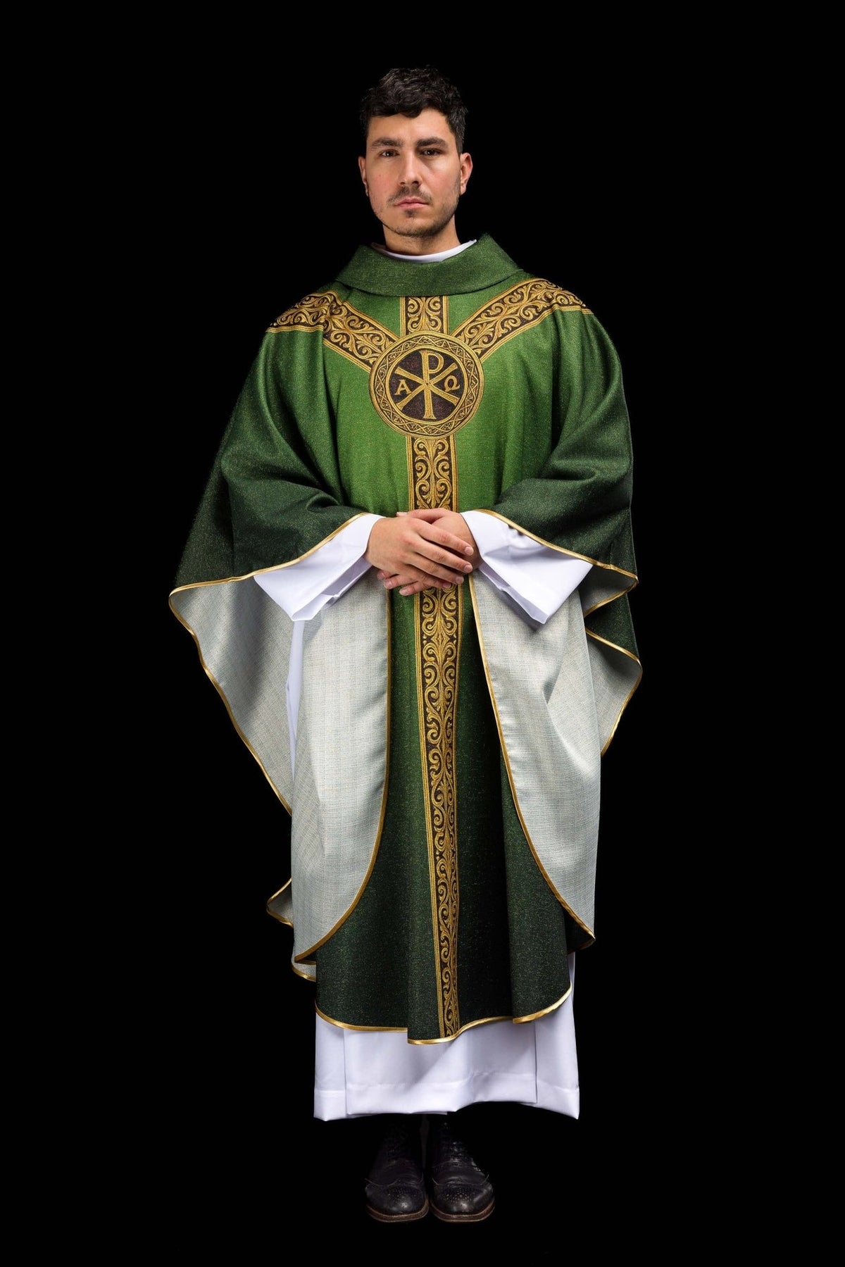 Green chasuble full back view with gold orphrey and Pax cross