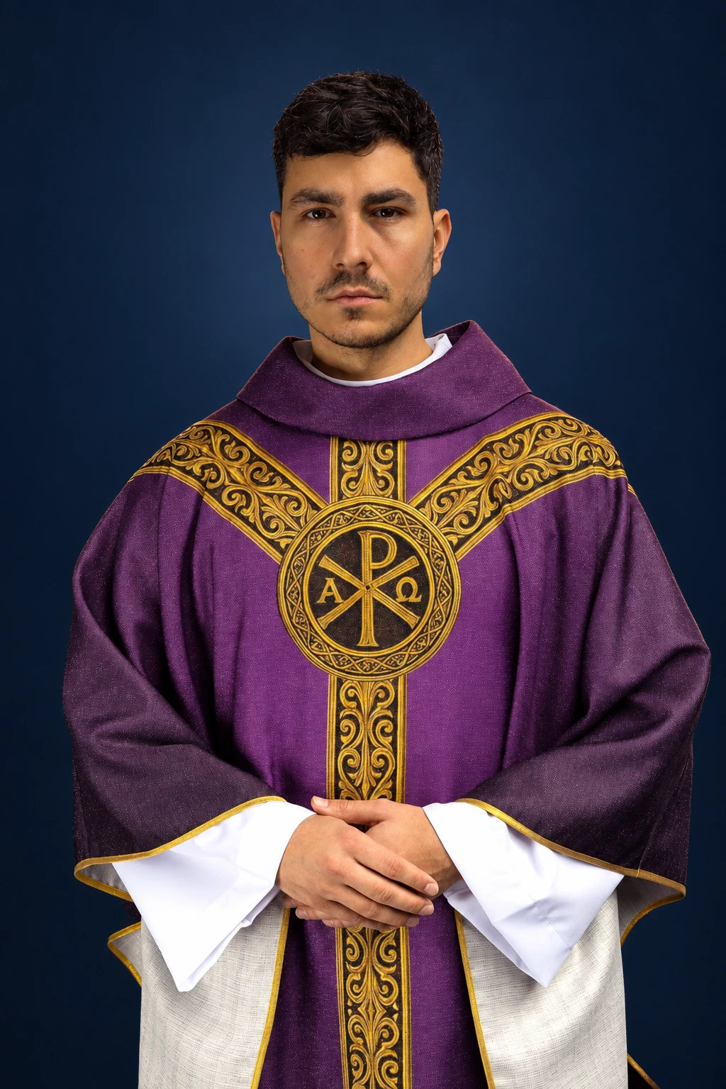 Printed Pax Chasuble in Purple with Rich Gold Embellishment, front view with gold cross and Pax emblem