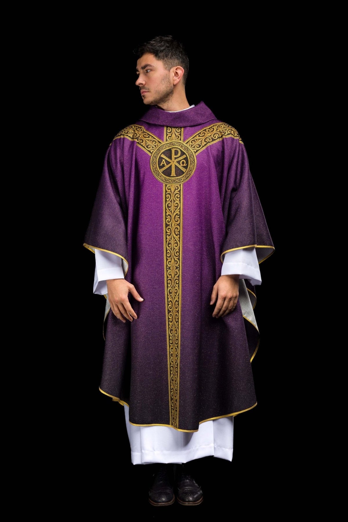 Pax chasuble in purple, full front view with gold orphrey and ornate scroll trim