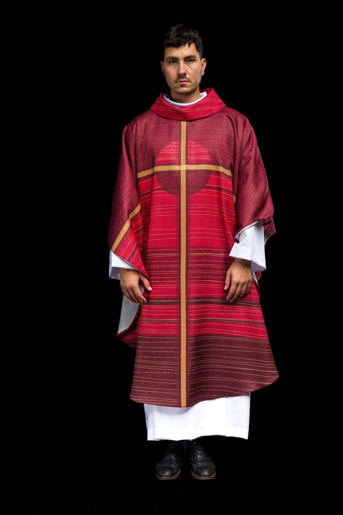Red chasuble with cross motif, full front view