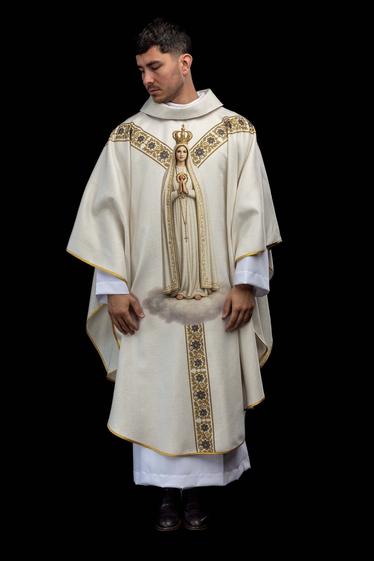 Printed Chasuble Featuring Our Lady of Fatima, front view in ecru with Our Lady print and gold trim