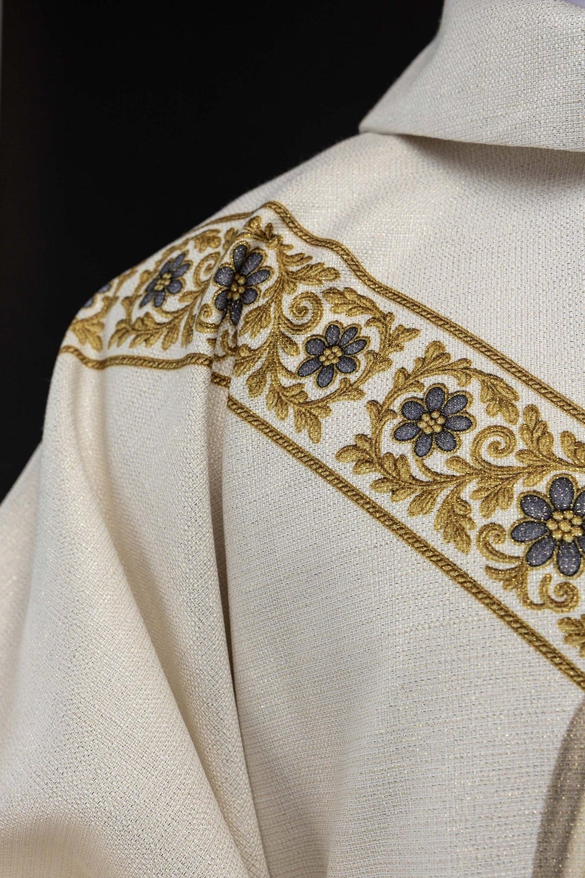 Our Lady of Fatima chasuble close-up of gold and blue floral shoulder trim