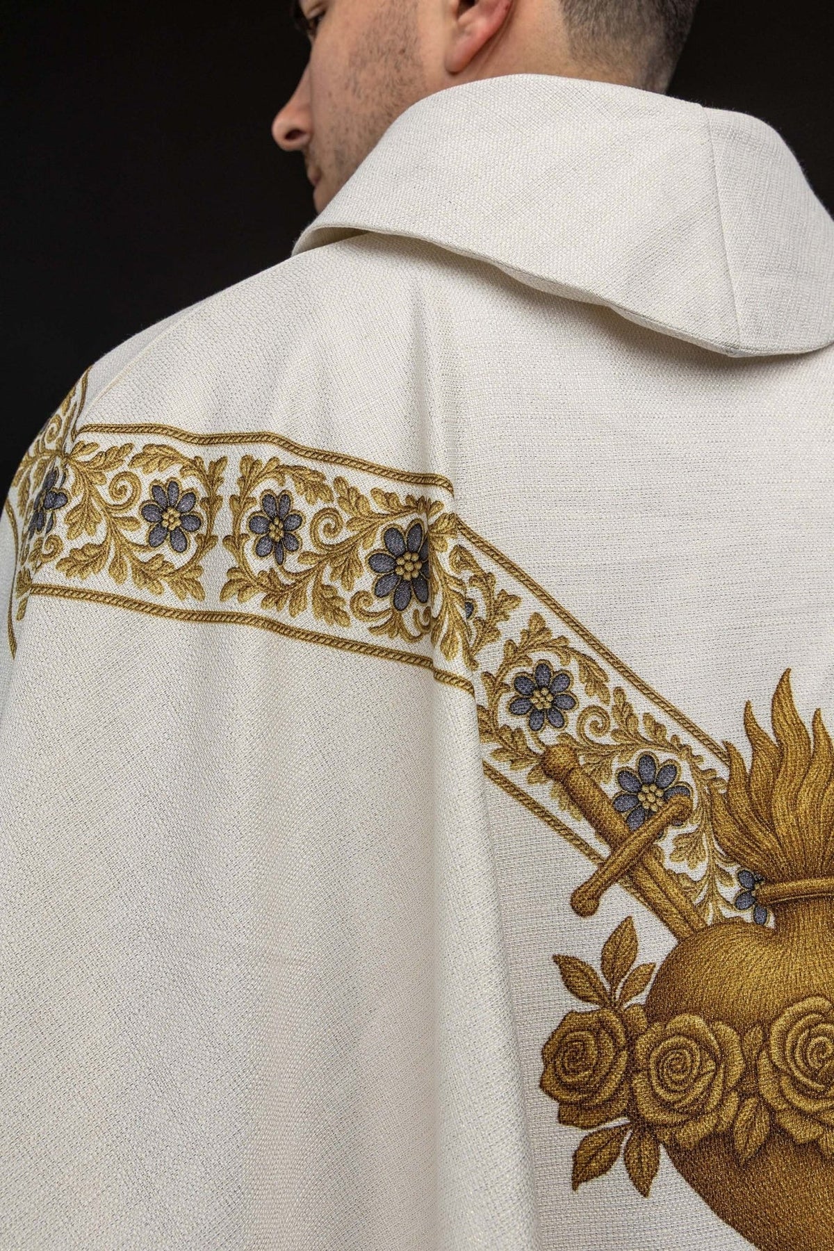 Our Lady of Fatima chasuble back detail with floral trim and Heart of Mary