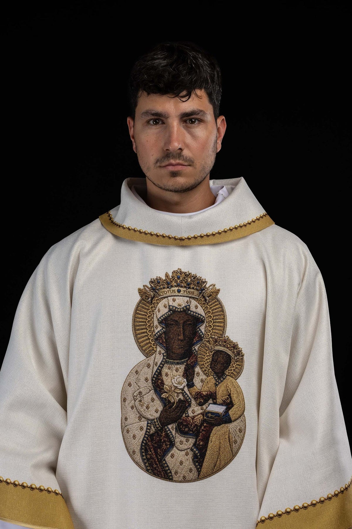 Printed Chasuble with Embroidered Marian Monogram worn from the front, showing Our Lady and Child image