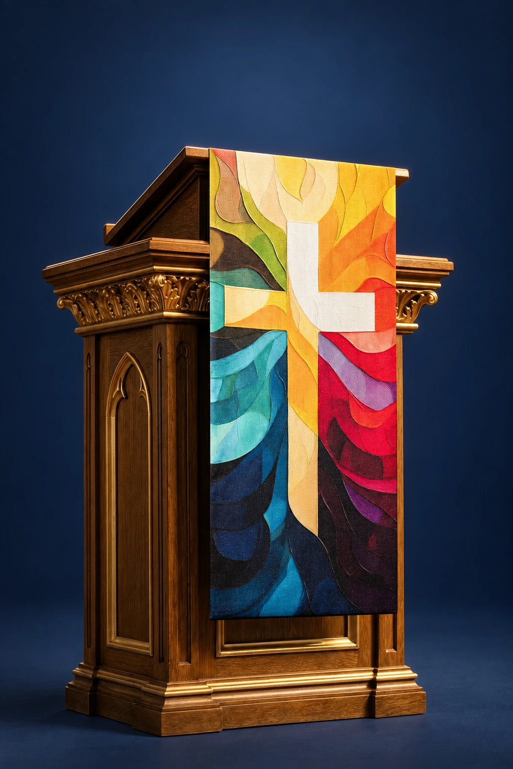 Church lectern cover with multicolored print and cross motif, front view with a large white cross