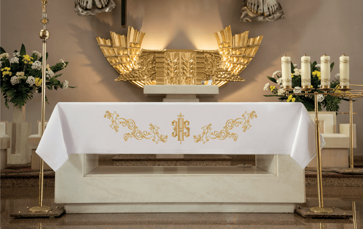 Altar Cloth with Gold IHS Embroidery on the Front, front view with gold IHS and scrollwork embroidery