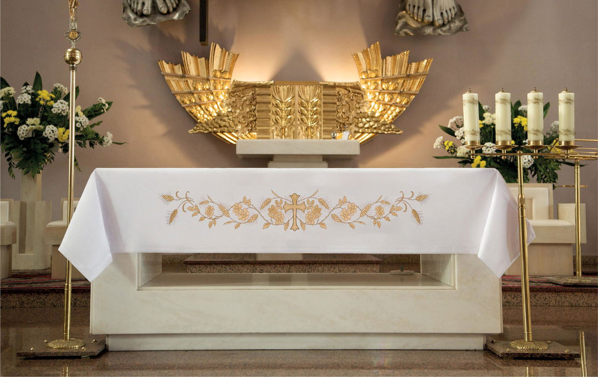 Gold-Embroidered Altar Cloth with Cross and Wheat, front view with gold embroidery