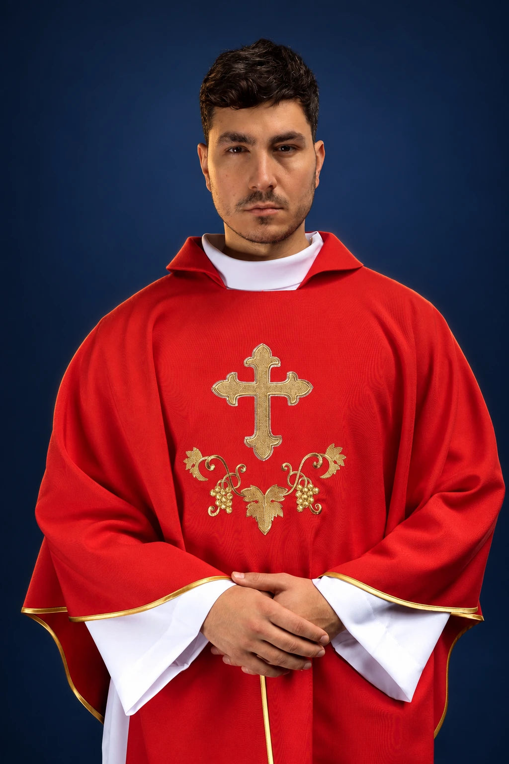 Embroidered Red Chasuble with Cross and Wide Collar, front view with gold embroidery and trim