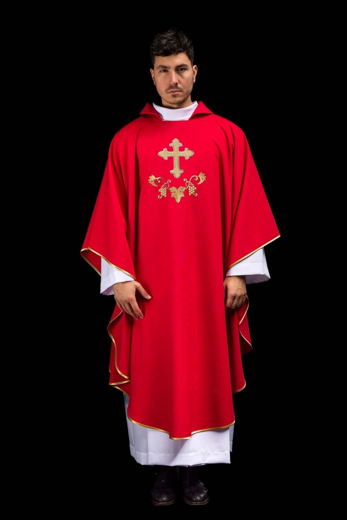 Red chasuble front view with gold cross, grape and leaf embroidery
