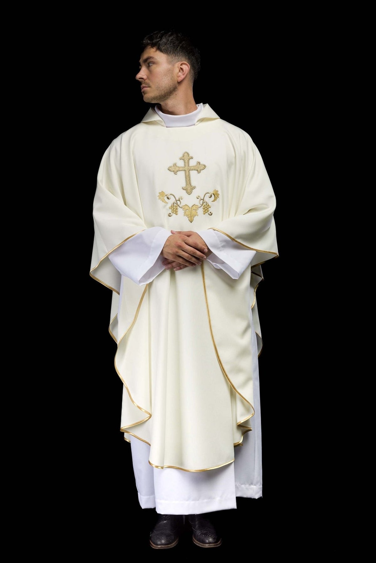Embroidered chasuble front view with wide ecru collar and gold trim