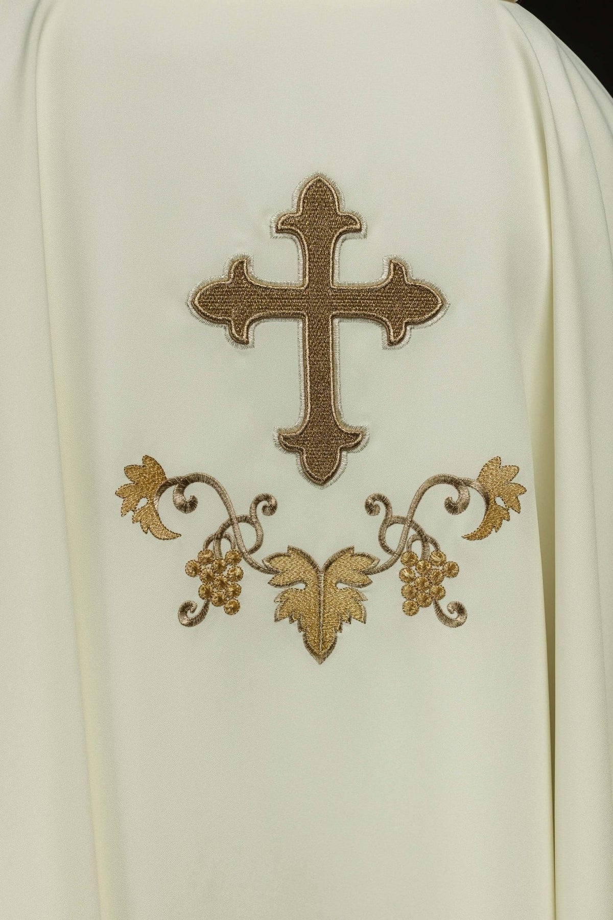 Embroidered chasuble back close-up with cross and grape embroidery