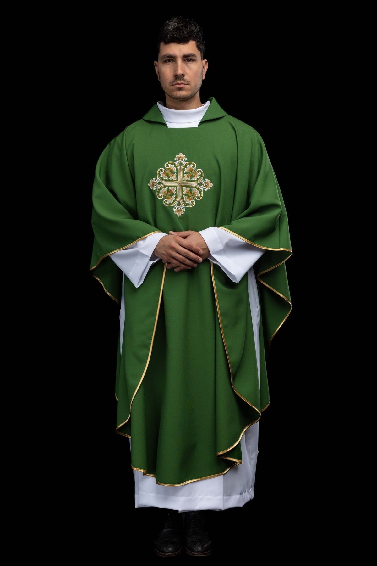 Green chasuble front view with embroidered cross and gold trim