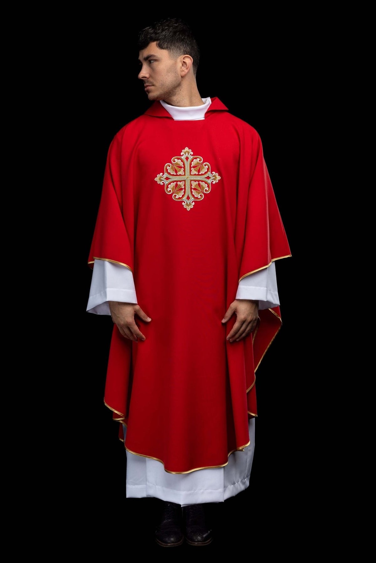 Red liturgical chasuble front view with embroidered gold cross and gold trim