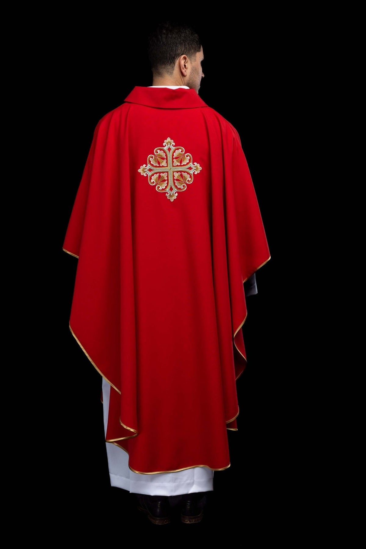 Red chasuble back collar and polyester fabric detail
