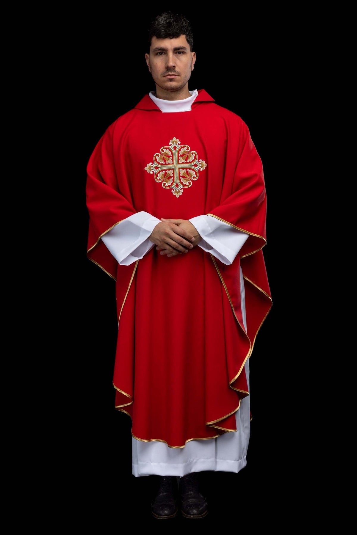 Red liturgical chasuble full front view with embroidered cross