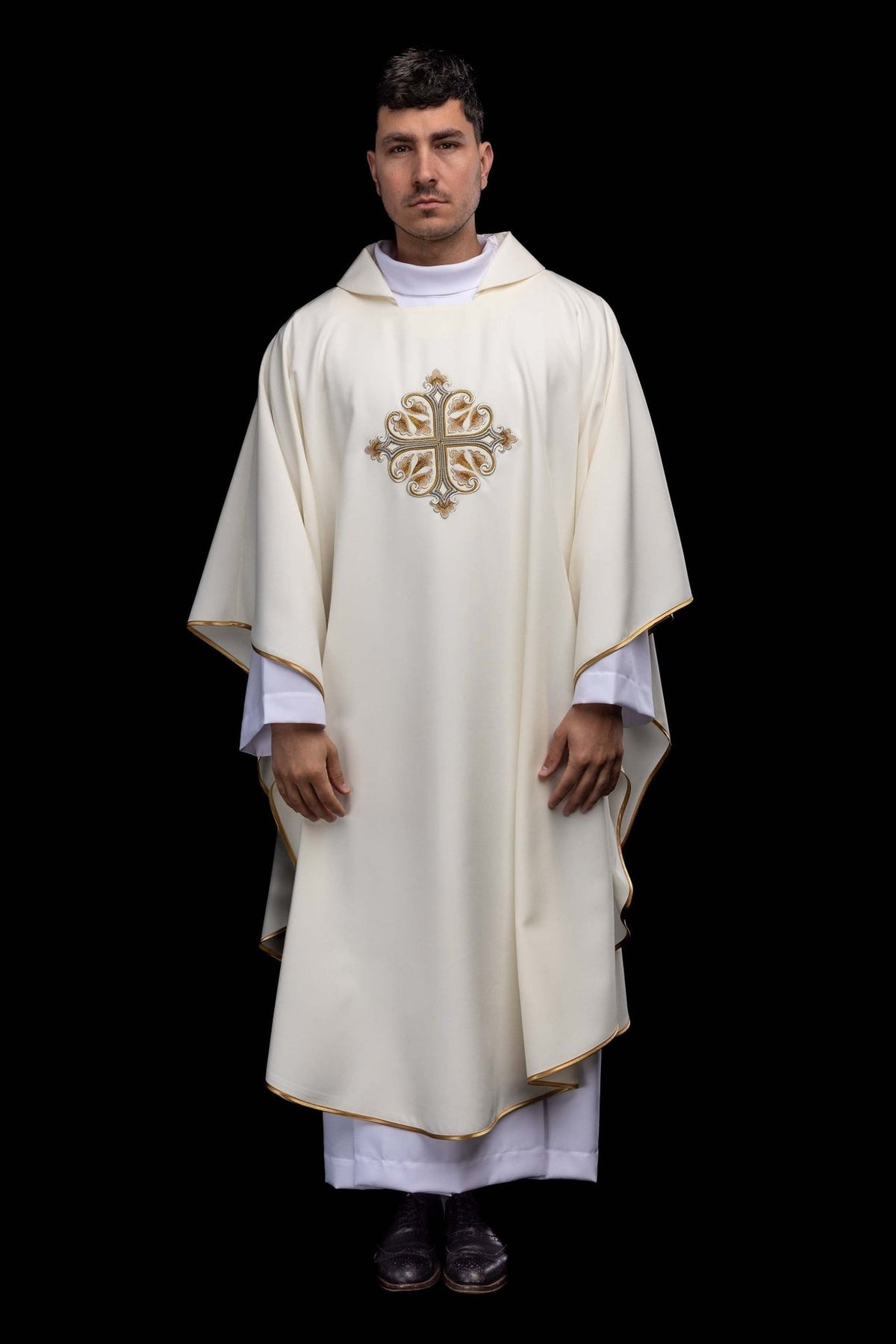 Ecru chasuble front view with embroidered gold cross and gold trim