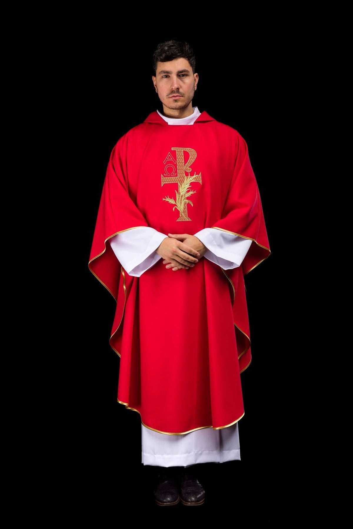 Red chasuble front view with wide collar, gold trim and embroidery