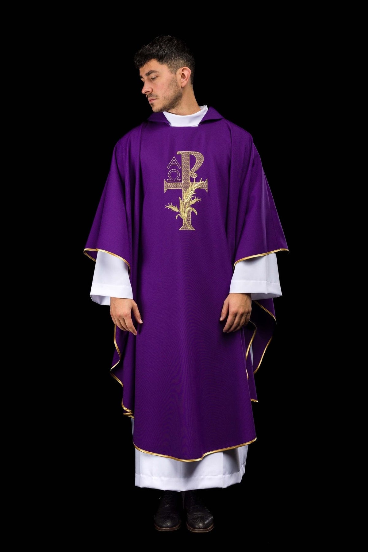 Purple chasuble front view with gold Alpha Omega embroidery and gold trim